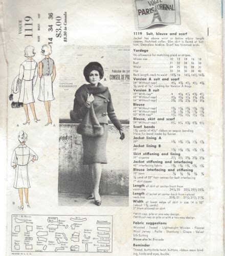 S Vintage Vogue Sewing Pattern B Suit Jacket Skirt Blouse R