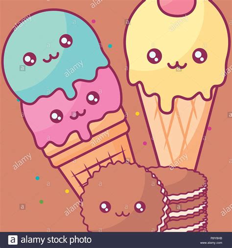 Cute Ice Creams Kawaii Characters Vector Illustration Design Stock