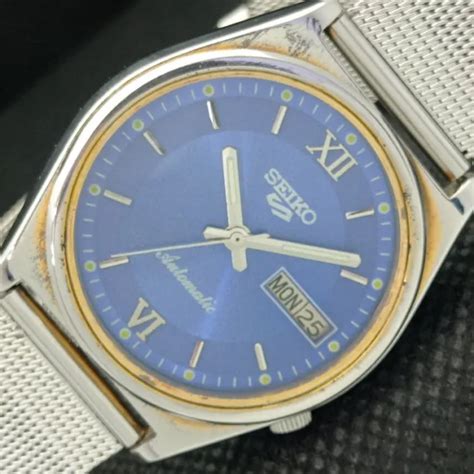 Vintage Seiko Automatic A Japan Mens Day Date Blue Watch I