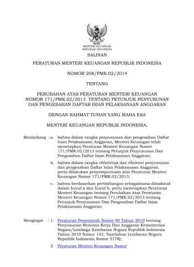 SALINAN PERATURAN MENTERI KEUANGAN REPUBLIK INDONESIA NOMOR 208 PMK 02