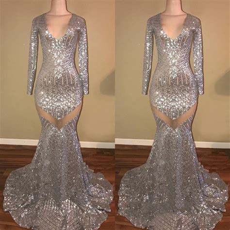 Shiny Mermaid Prom Dresses Long Sleeves Sequin Evening Gown