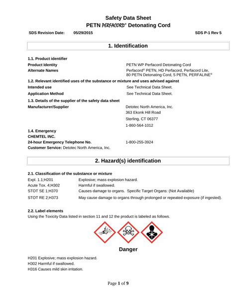 Pdf Safety Data Sheet Petn Perfacord Detonating Cord Safety Data