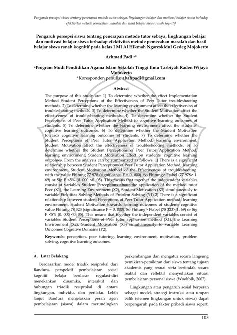 PDF Pengaruh Persepsi Siswa Tentang Penerapan Metode Tutor Sebaya