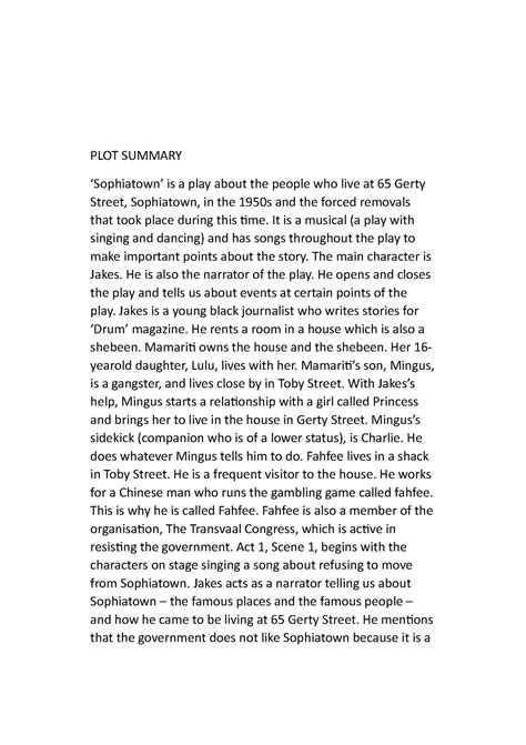 Eng HL Gr 11 Notes AND Summary Sophiatown PLOT SUMMARY Sophiatown