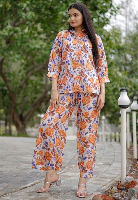 Buy Digital Printed Muslin Cotton Co Ord Set In Off White And Orange