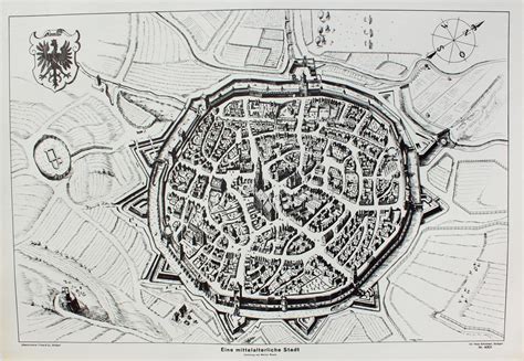 Eine Mittelalterliche Stadt Originale Lithographie Ca 57x85cm