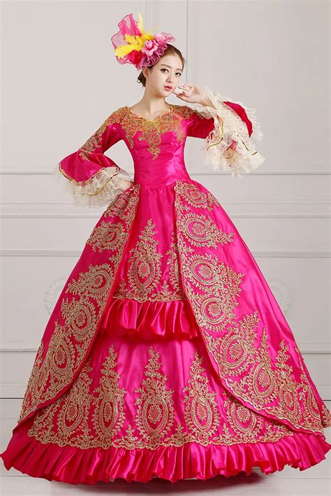 red/peach pink golden embroidery ball gown dress royal medieval dress ...