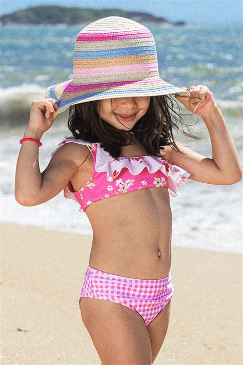 Girls Ditsy Mix Ruffle One Shoulder And Hipster Bikini Set