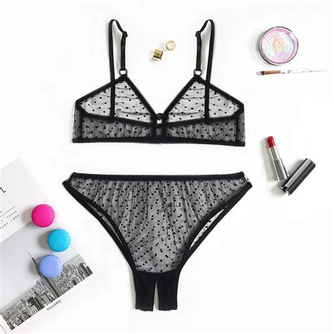 Lingerie Sexy Bra Set New Women Sexy Dot Mesh Wireless Bra Open Crotch