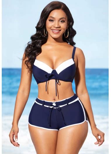 ROTITA Navy Blue Drawstring Front Mid Waist Bikini Set Rotita