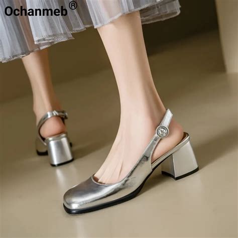 Ochanmeb Big Size 45 46 Women Buckle Slingback Shoes Block Medium Heel