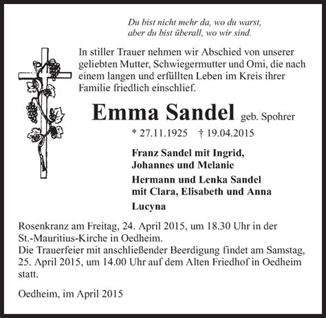 Traueranzeigen Von Emma Sandel Trauerundgedenken De