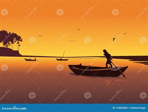 Sunset Background with River. Silhouette of Man in Boat Rowing Stock ...