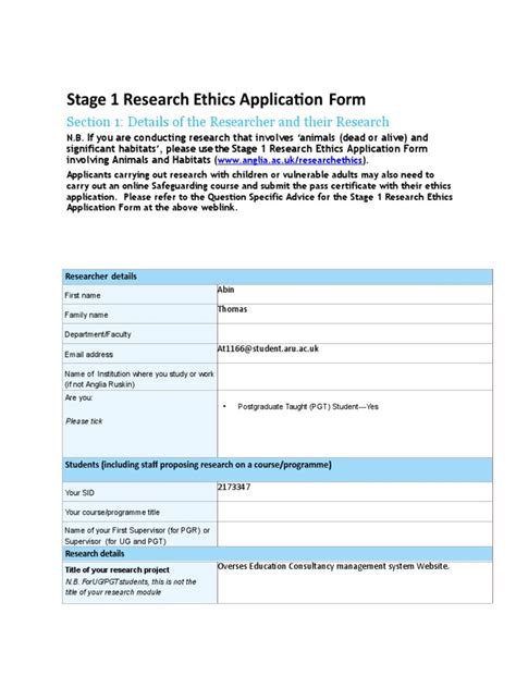 Stage 1 Research Ethics Application Form 2173347 Pdf