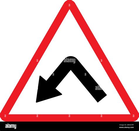 sharp bend   left traffic sign triangle red background stock