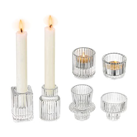 X Brand New Glasseam Clear Glass Candlestick Holders In Ribbed