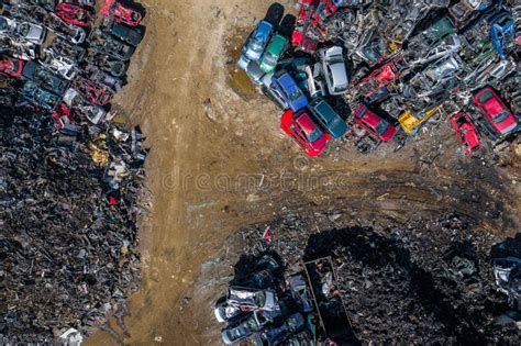 Scrapyard Aerial View Old Rusty Corroded Cars In Car Junkyard Stock