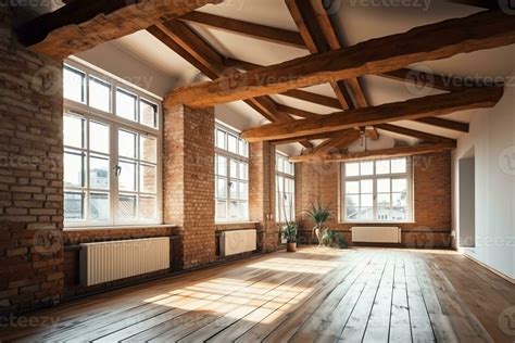 Empty Room Loft Interior With Big Window White Walls Bricks Wooden