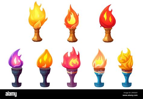 Ui Set Vector Illustration Of Torches With Burning Fire Isolate On