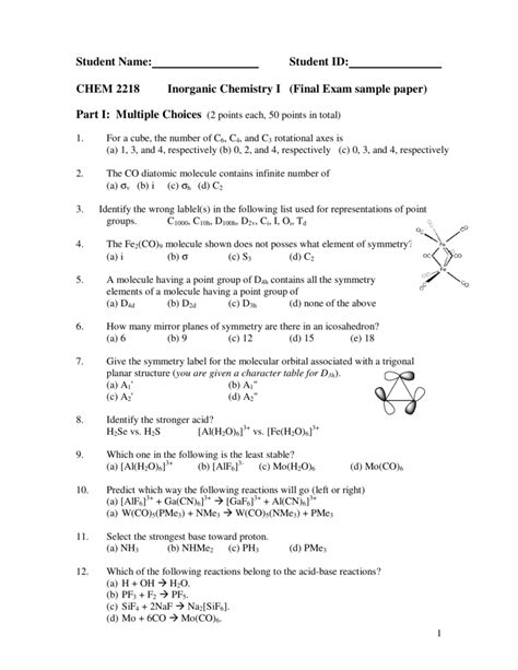 Chem 2218 Inorganic Chemistry I Final Exam Sample Paper