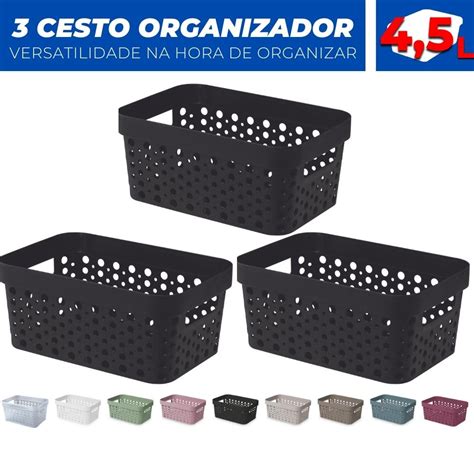 Kit Cesto Organizador Trama Rattan S Tampa L Multiuso De Pl Stico