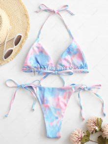 Zaful Tie Dye Ribbed Halter String Bikini Swimwear In Light Blue