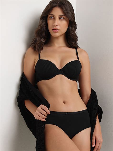 Buy Wunderlove Black Ribbed Wired Bra From Westside