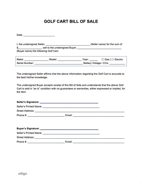 Free Golf Cart Bill of Sale Form | PDF | Word