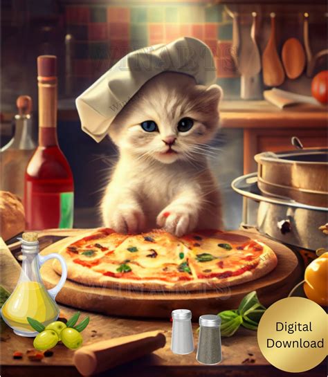 Cute Cat Making Pizza Clipart Png Printable Nursery Digital Instant