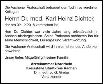 Traueranzeigen Von Dr Med Karl Heinz Dichter Aachen Gedenkt