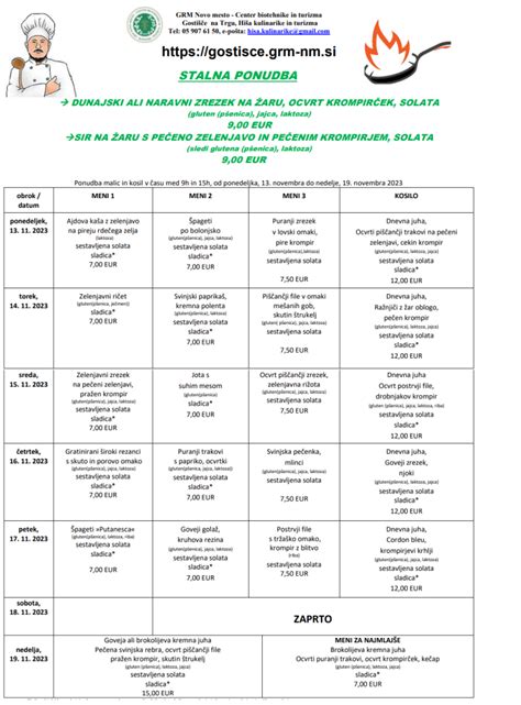 Tedenski Jedilnik Gosti E Na Trgu Hi A Kulinarike In Turizma