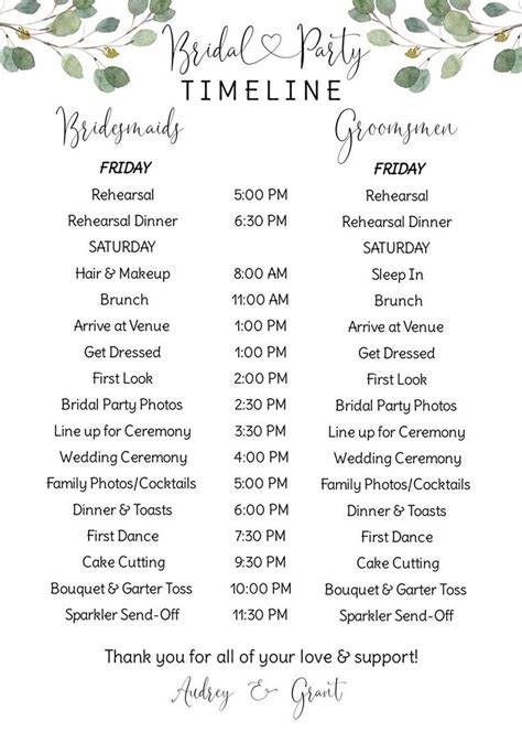 Bridal Party Itinerary Minimalist Wedding Timeline Order Of Events