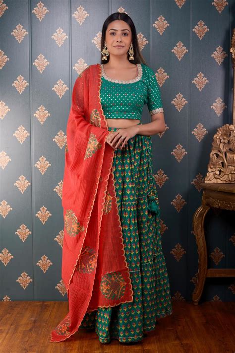 Buy Green Lehenga Cotton Silk And Embroidery Block Mirror Set For