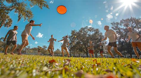 A Group Of People Playing Frisbee On A Field With The Sun Shining