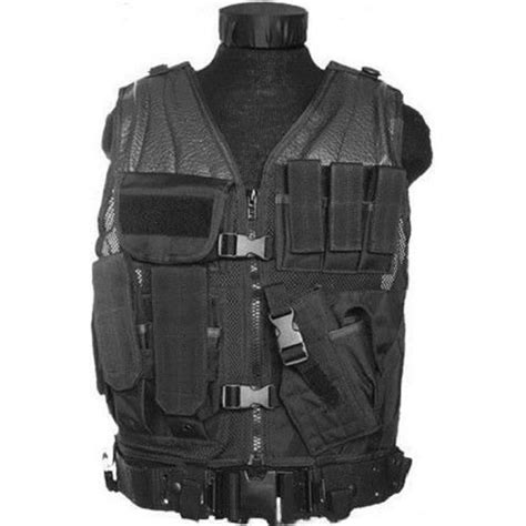 GILET VESTE TACTIQUE NOIR MULTI POCHES AVEC HOLSTER ET CEINTURON MILTEC