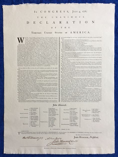 The Declaration Of Independence Replica Of Mary Katharine Goddards