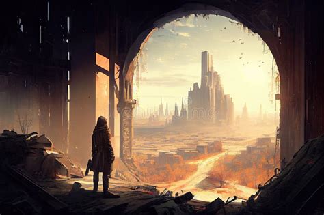 Postapocalyptic City, with View of the Ruins of a Once-great Metropolis ...