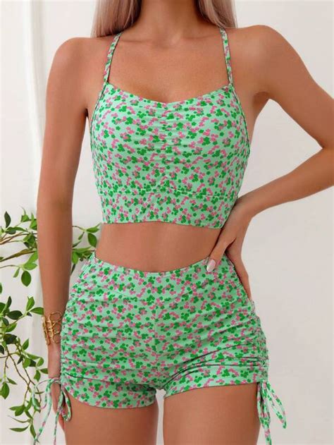 SHEIN Swim Mod Ditsy Floral Print Drawstring Side Bikini Swimsuit