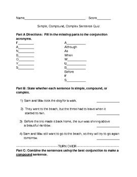 Simple Compound And Complex Sentence Quiz By Honestly Teaching