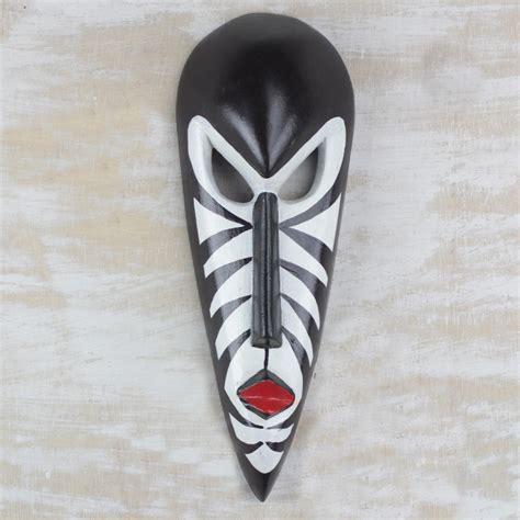 Novica Love Stripes Handcrafted Wood African Mask In Black And White From Ghana Greatergood