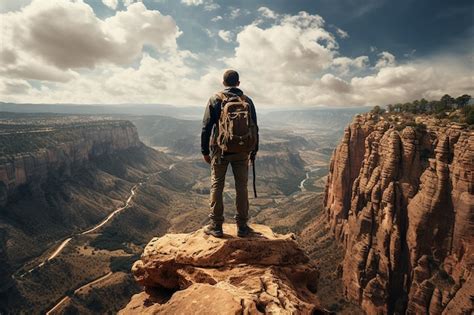 Hombre Aventurero Con Mochila De Pie En La Cima De Un Acantilado Del