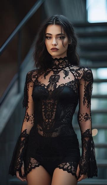 Premium Photo Model Wearing A Black Lace Dress With A Black Lace Detail