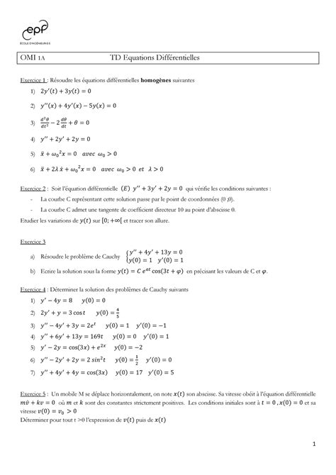 TD Equa diff MATHS 1 OMI 1A TD Equations DiffÈrentielles Exercice 1