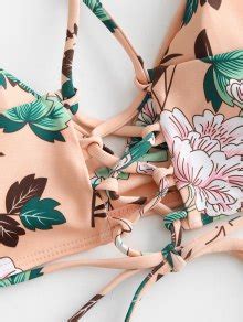 Off Zaful Flower Print Lace Up Braided Cross Bikini Swimsuit