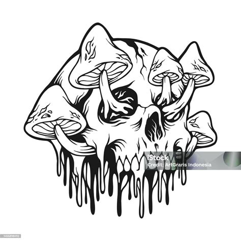 Creepy Melting Psychedelic Mushrooms Skull Head Silhouette Stock