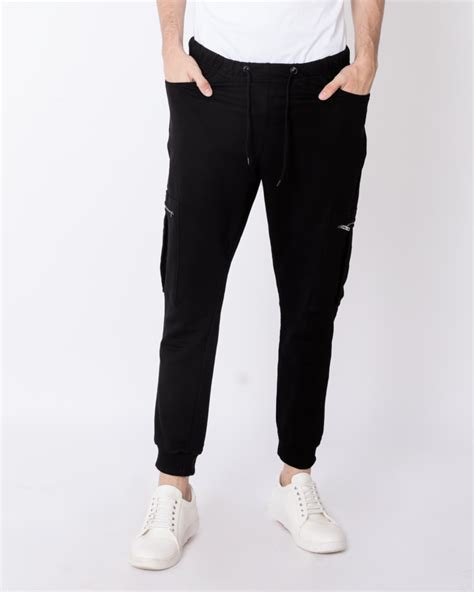 Jet Black Cargo Zipper Fleece Joggers Jet Black Plain Men Joggersbest Price India