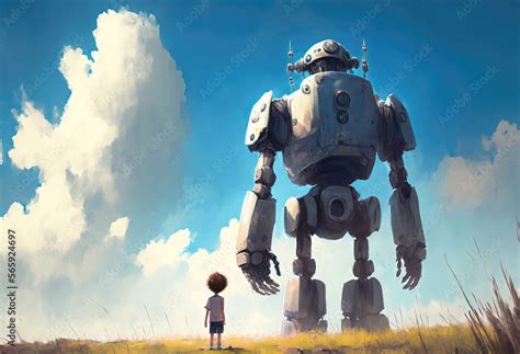 Cartoon kid with robot. sketch art for artist creativity and ...