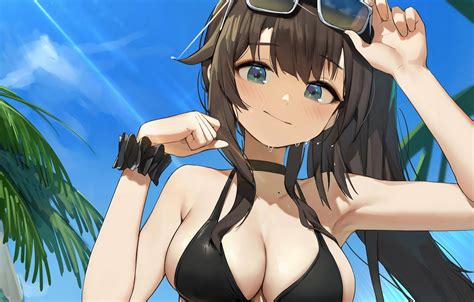 Wallpaper Girl Sexy Wet Cleavage Long Hair Brown Hair Boobs Anime Blue Eyes Beautiful