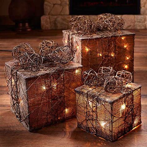 Natural Burlap And Rattan Lighted Gift Boxes Christmas Yard Noel