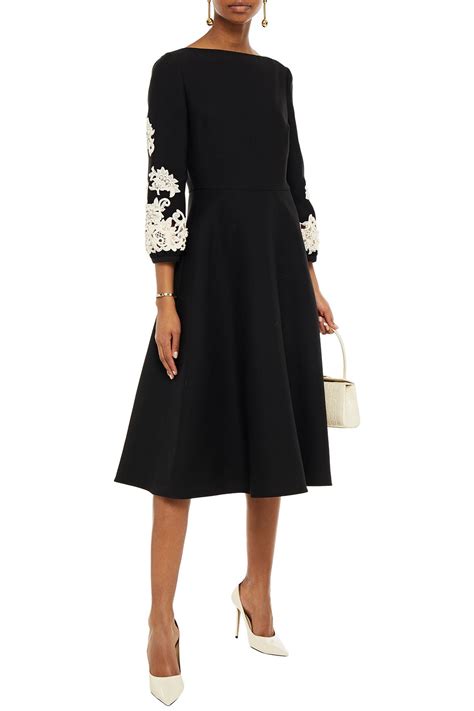 Valentino Embellished Lace Trimmed Wool And Silk Blend Crepe Midi Dress